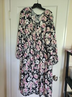 Torrid Midi Swiss Dot Pleat Long Sleeve Dress- Multi Brushstroke Size 2